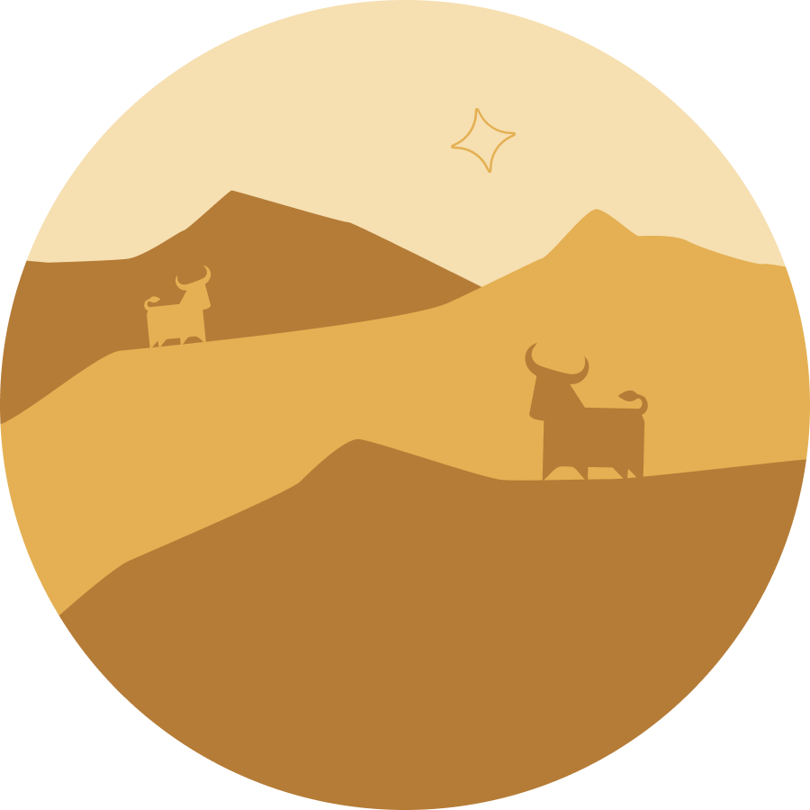 A stylized circular illustration of two bulls on rolling hills under a single star.