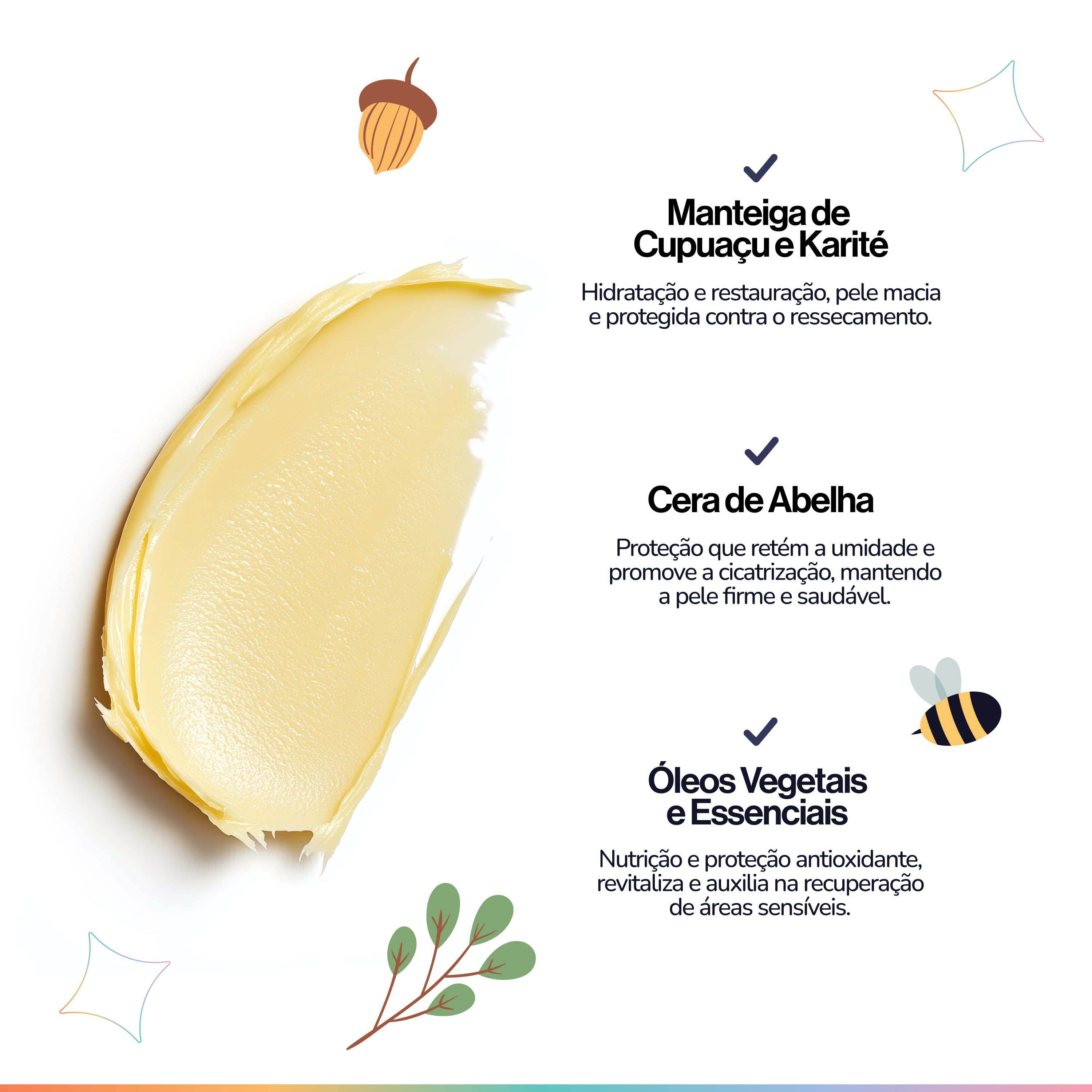 An infographic with a smear of yellow cream, text in Portuguese, and illustrations of an acorn, a bee, and leaves.