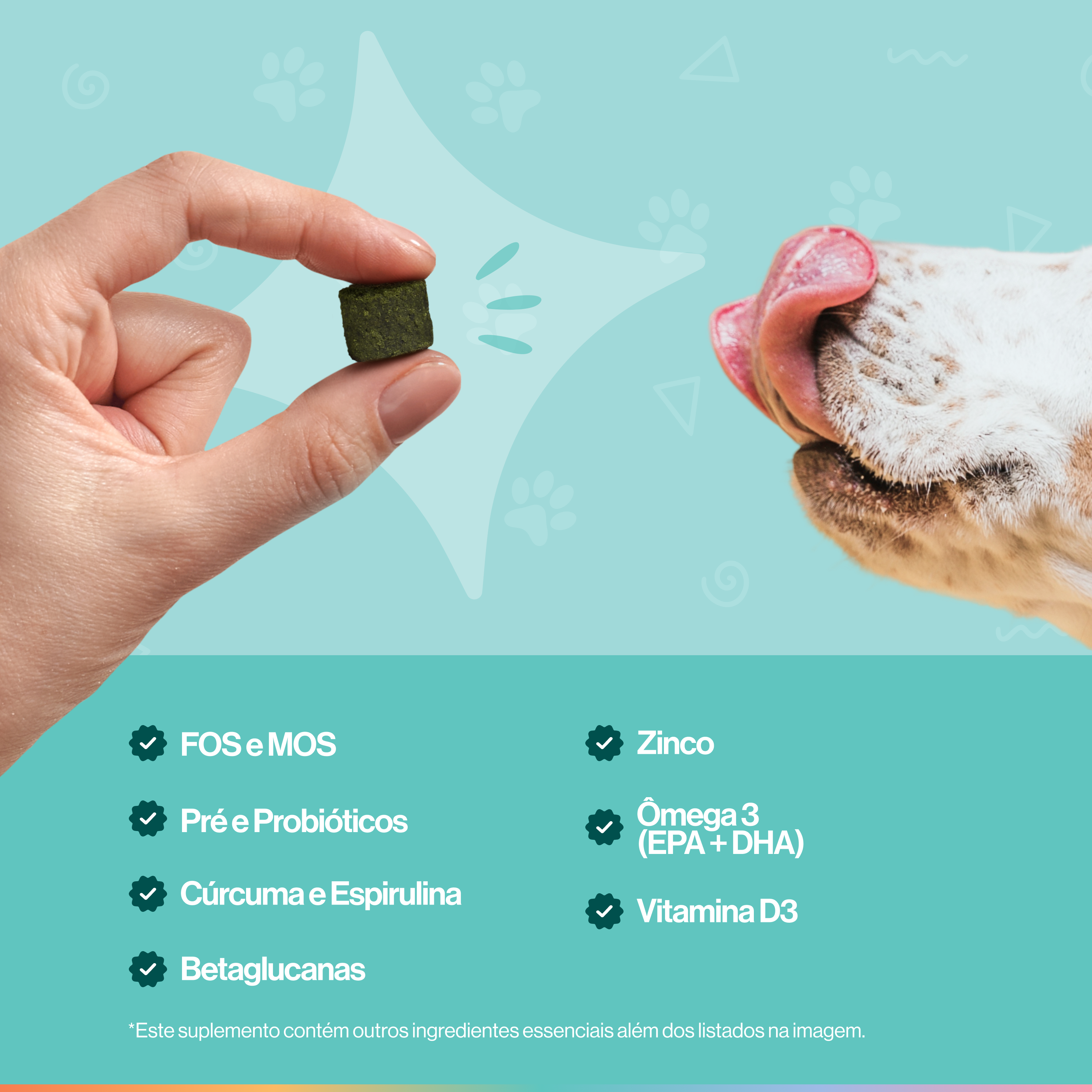 A hand holds a supplement treat for a dog licking its lips, with a list of ingredients below.