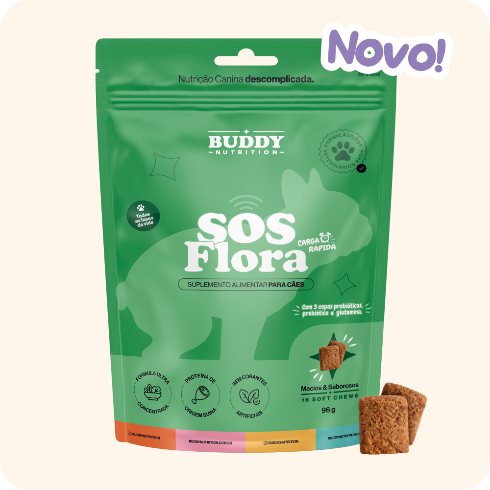 A green pouch of Buddy Nutrition SOS Flora dog supplements next to two soft chews.