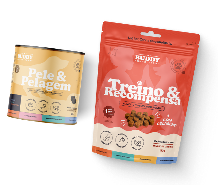 A can of dog skin and coat supplements and a bag of dog training treats from Buddy Nutrition.
