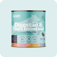 A can of Buddy Nutrition dog supplement for digestion and intestinal flora on a light blue background.