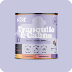 A purple and white tub of Buddy Nutrition's Tranquilo & Calmo dog supplement against a purple background.