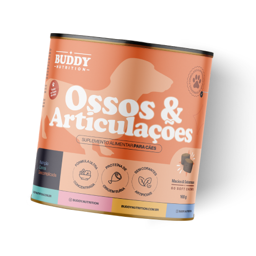 A can of Buddy Nutrition Ossos & Articulações, a food supplement for dogs, on a white background.