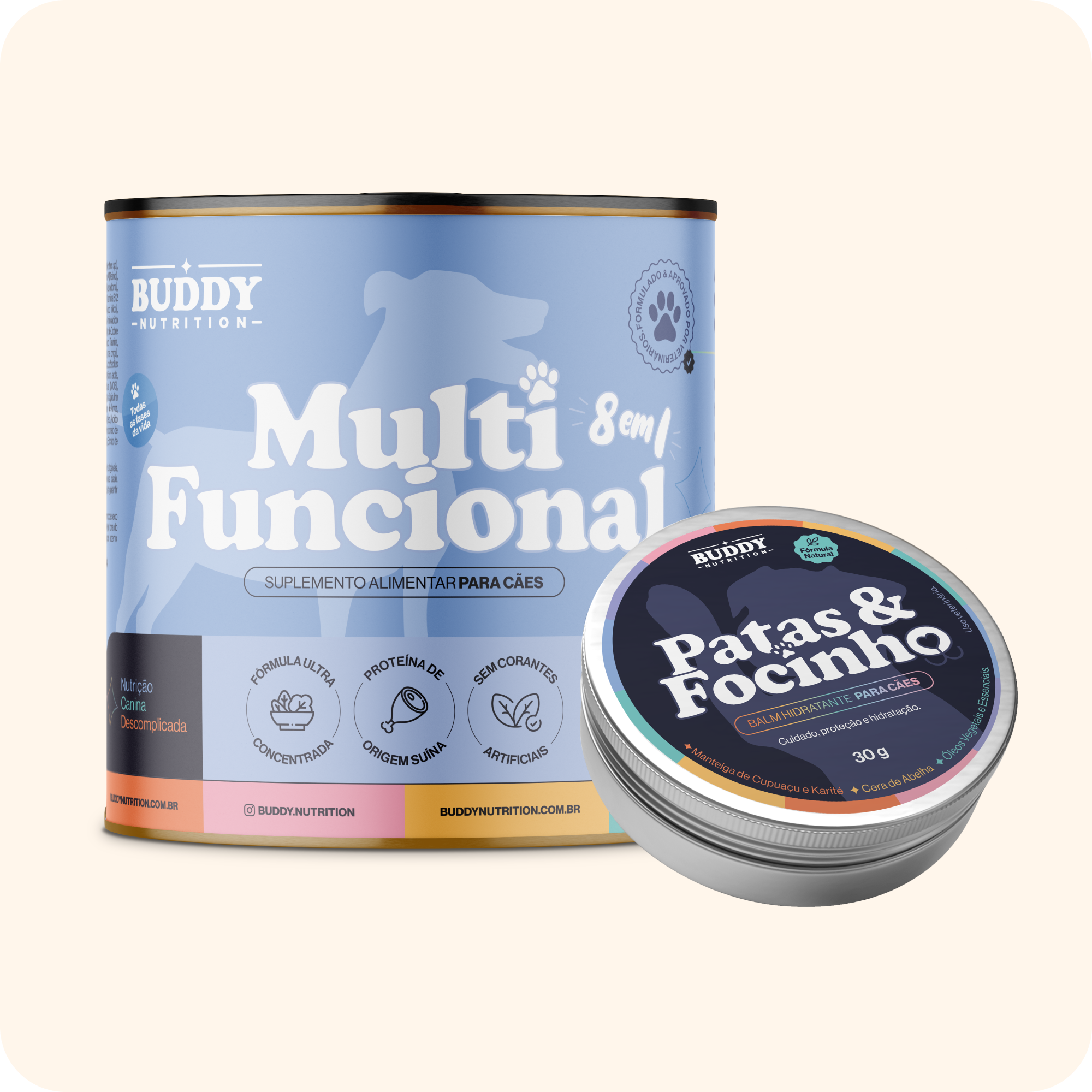 A can of Buddy Nutrition Multifunctional dog supplement and a tin of Buddy Nutrition Paw & Snout balm.