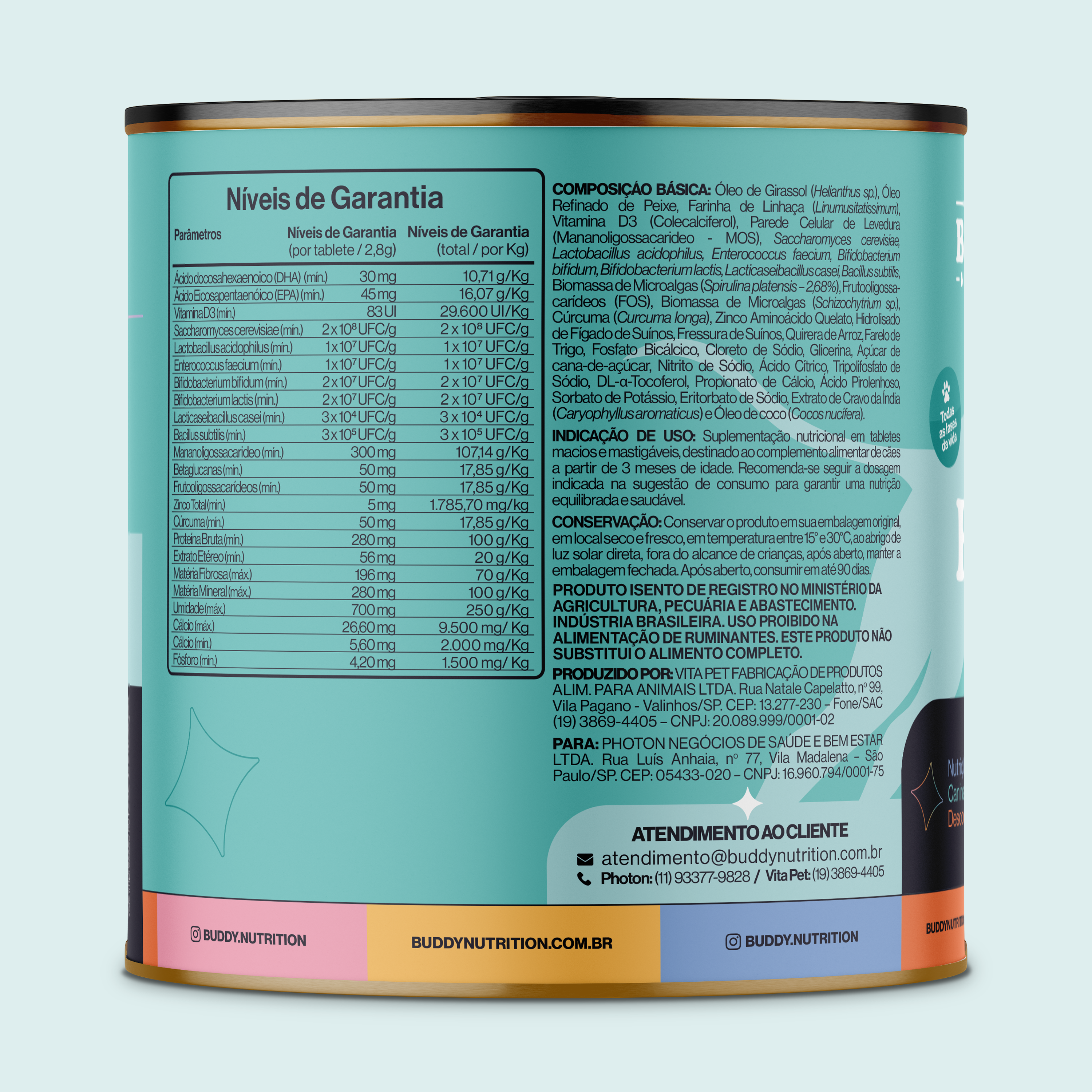 The back of a Buddy Nutrition supplement container, showing the nutritional information and ingredients list in Portuguese.