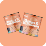 Two cans of 'Ossos & Articulações' dog supplement against a solid orange background.