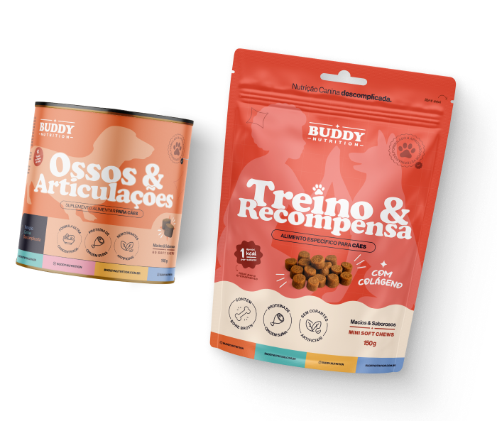 A can and a pouch of Buddy Nutrition dog food products against a white background.