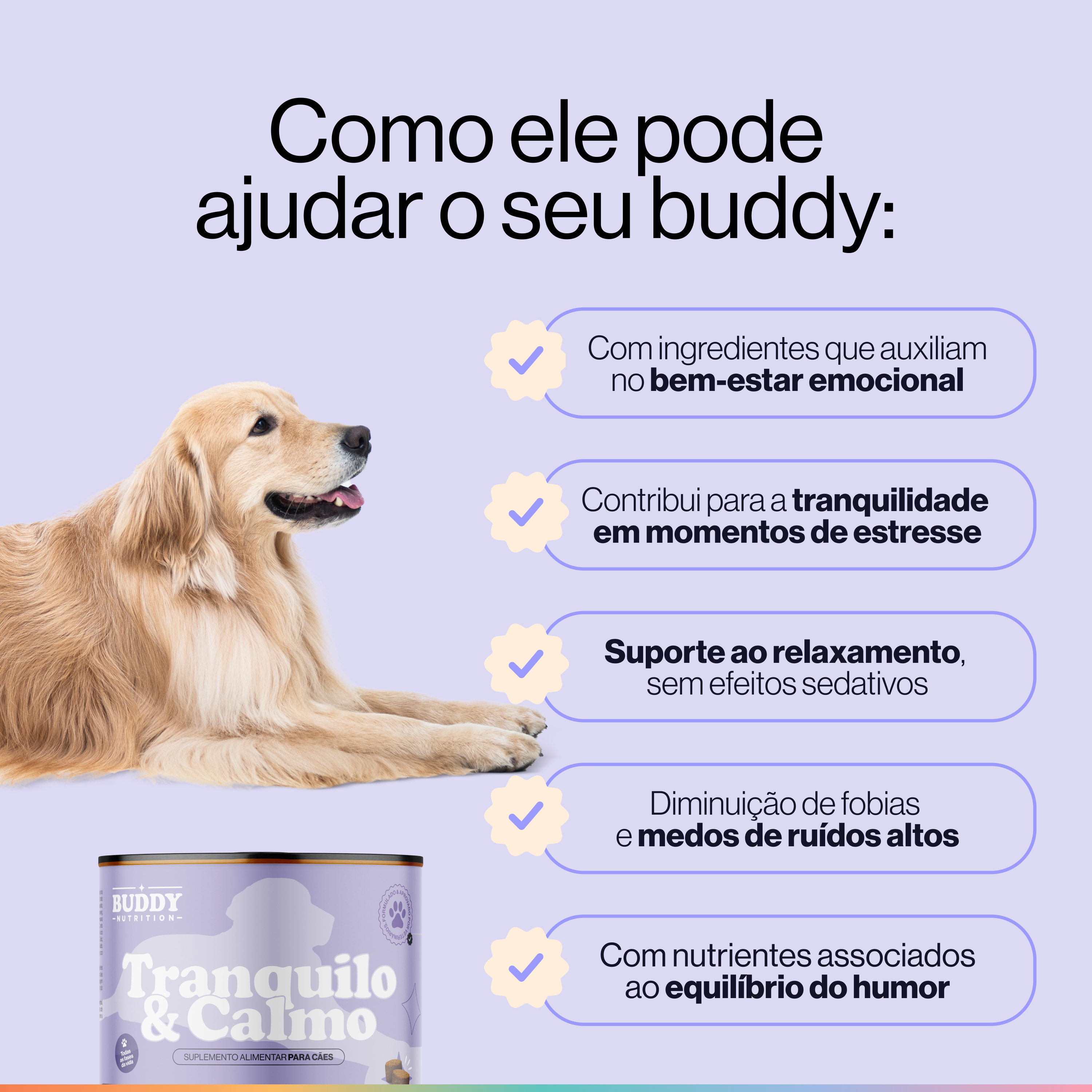 An advertisement for a dog supplement, showing a Golden Retriever next to the product and a list of benefits.