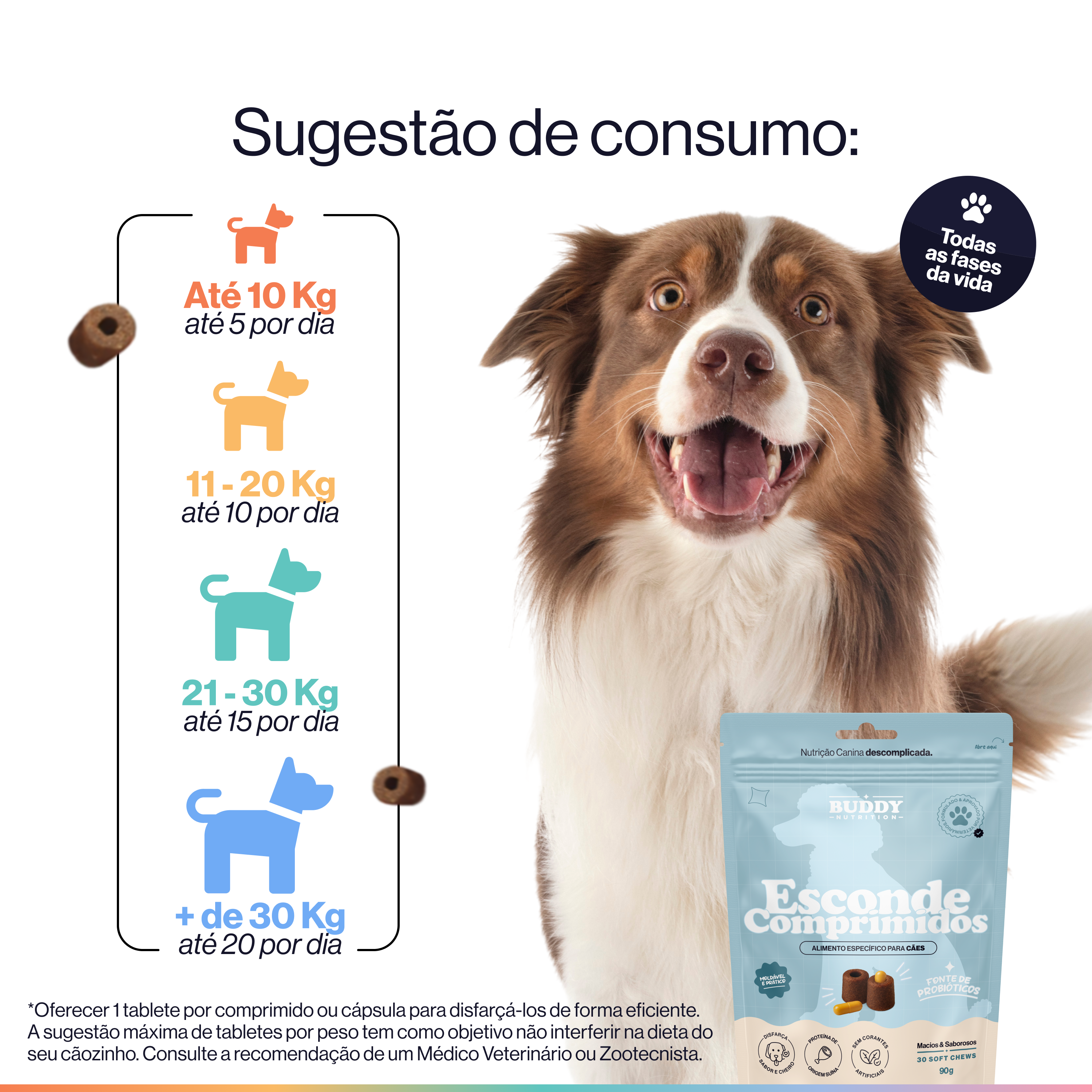An Australian Shepherd dog smiling next to a bag of treats and a Portuguese feeding guide.