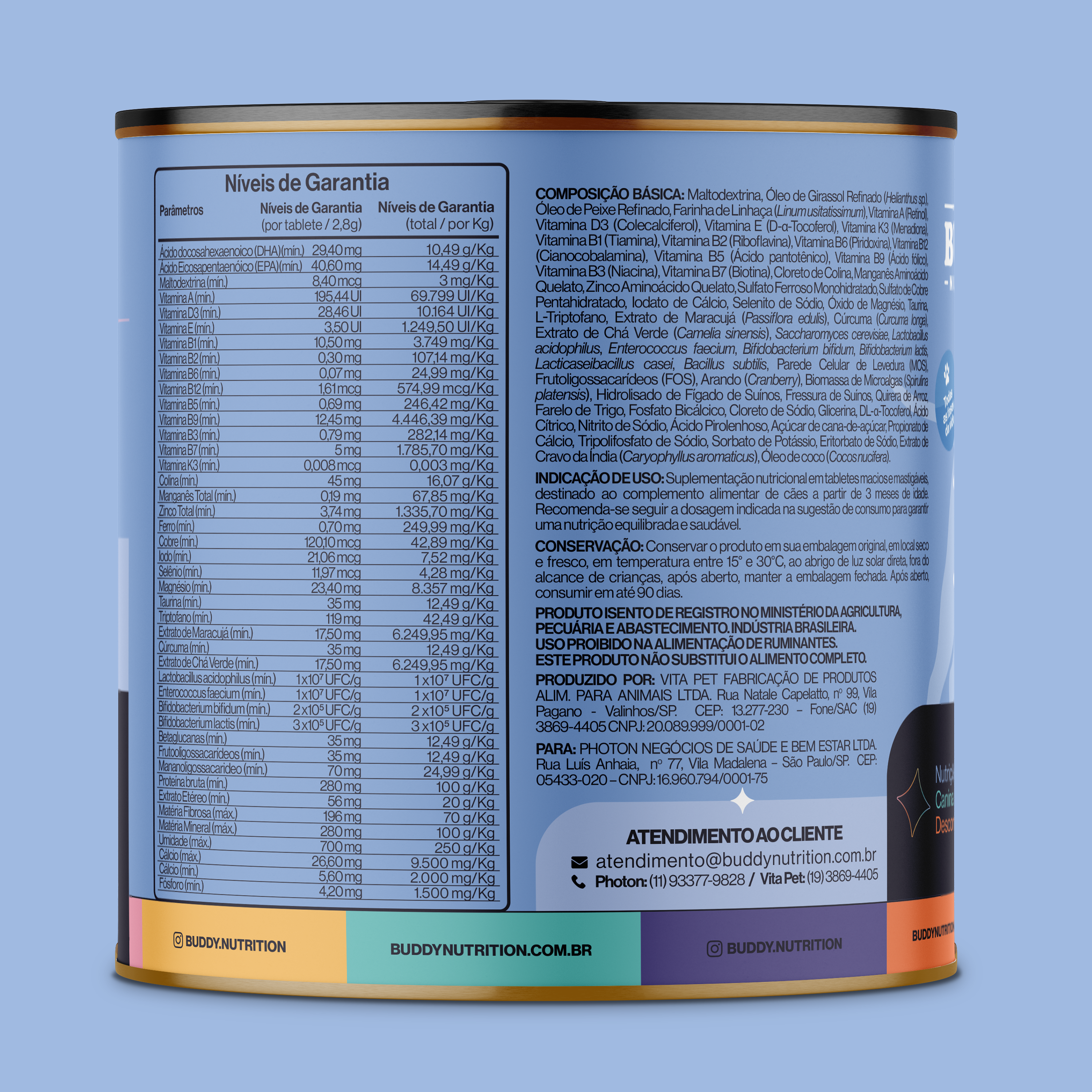 A close-up of the nutritional information label on the back of a Buddy Nutrition product container.