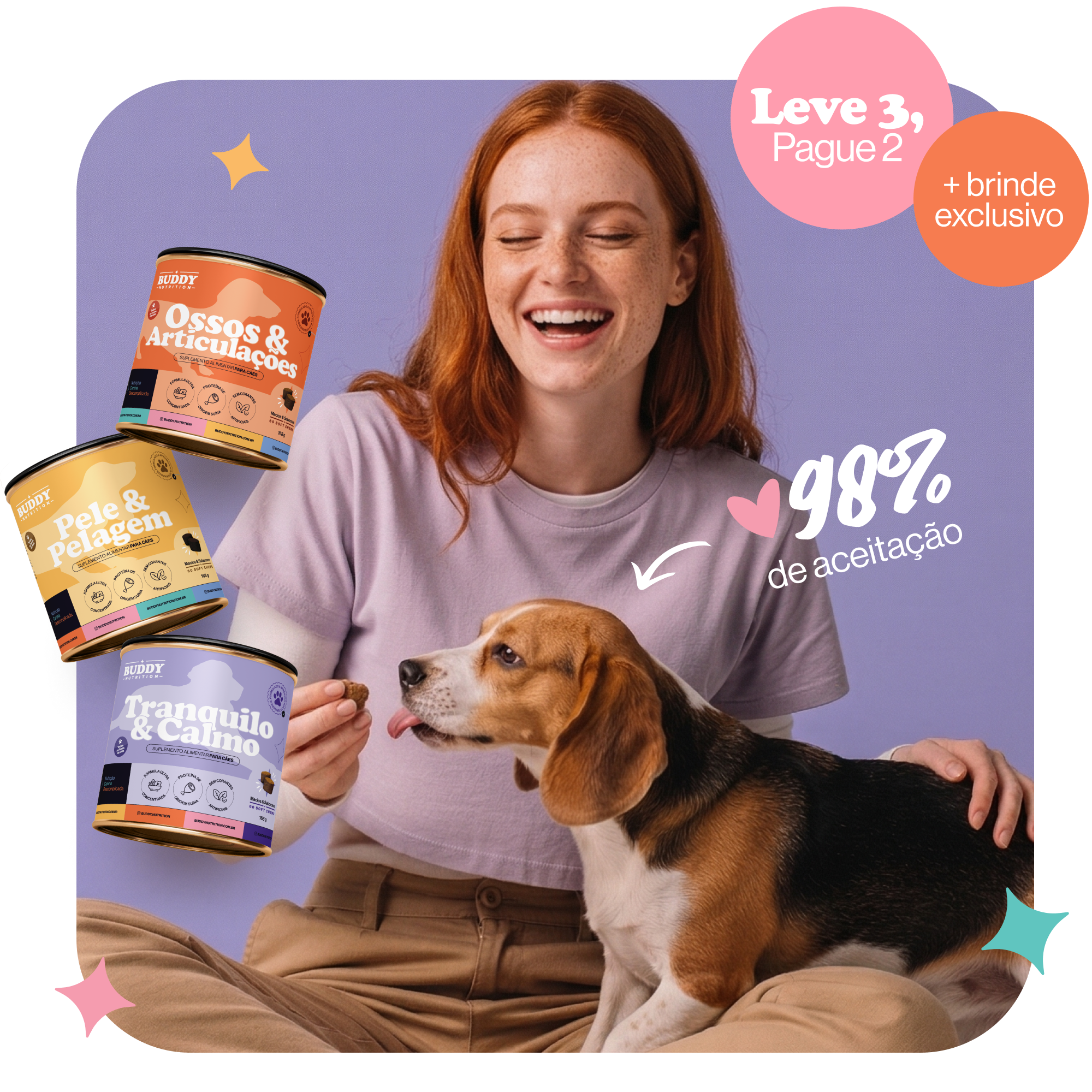 A smiling woman feeds a treat to her beagle, with three pet supplement products shown.