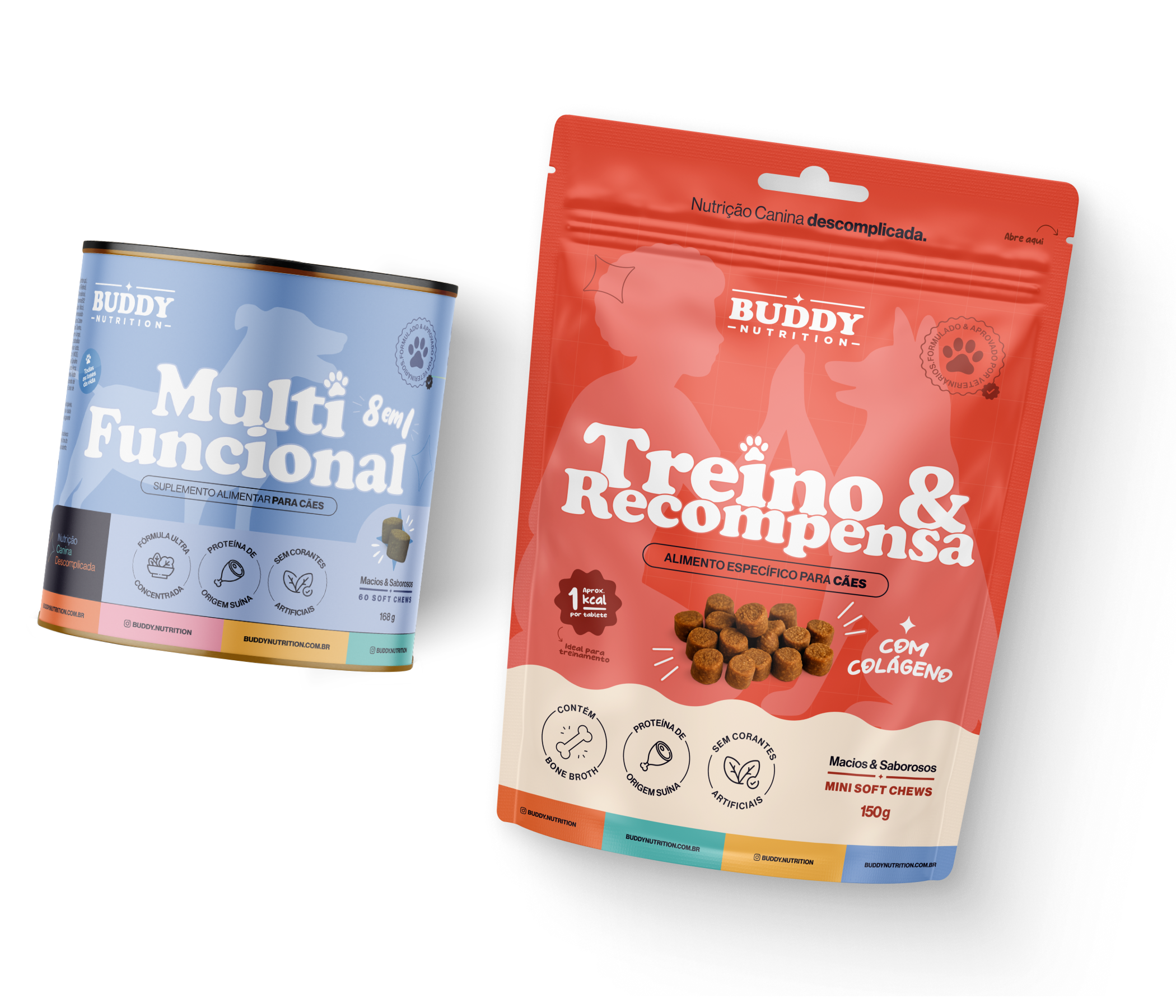 A can of Buddy Nutrition Multi Funcional dog supplements and a pouch of Treino & Recompensa dog treats.