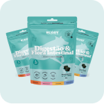 Three teal pouches of Buddy brand 'Digestão & Flora Intestinal' dog supplements on a light blue background.