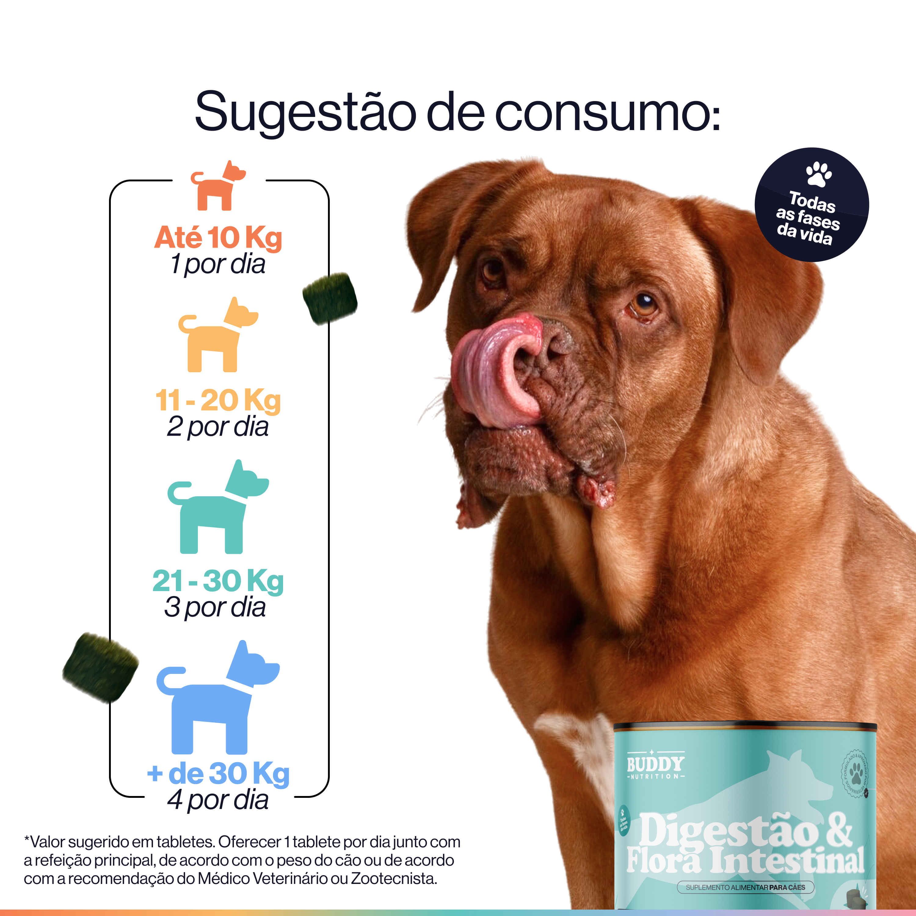 A feeding guide for a dog supplement, with a large brown dog licking its lips next to the product.