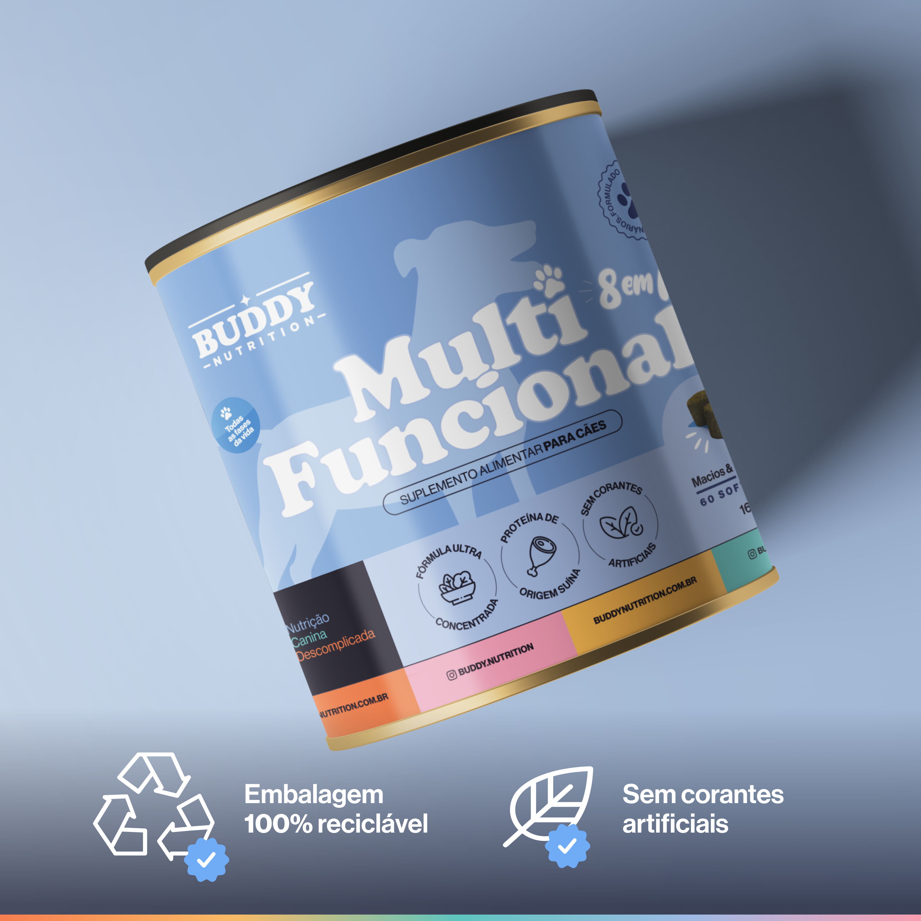 A can of Buddy Nutrition Multifunctional dog supplement is displayed at an angle against a blue background.