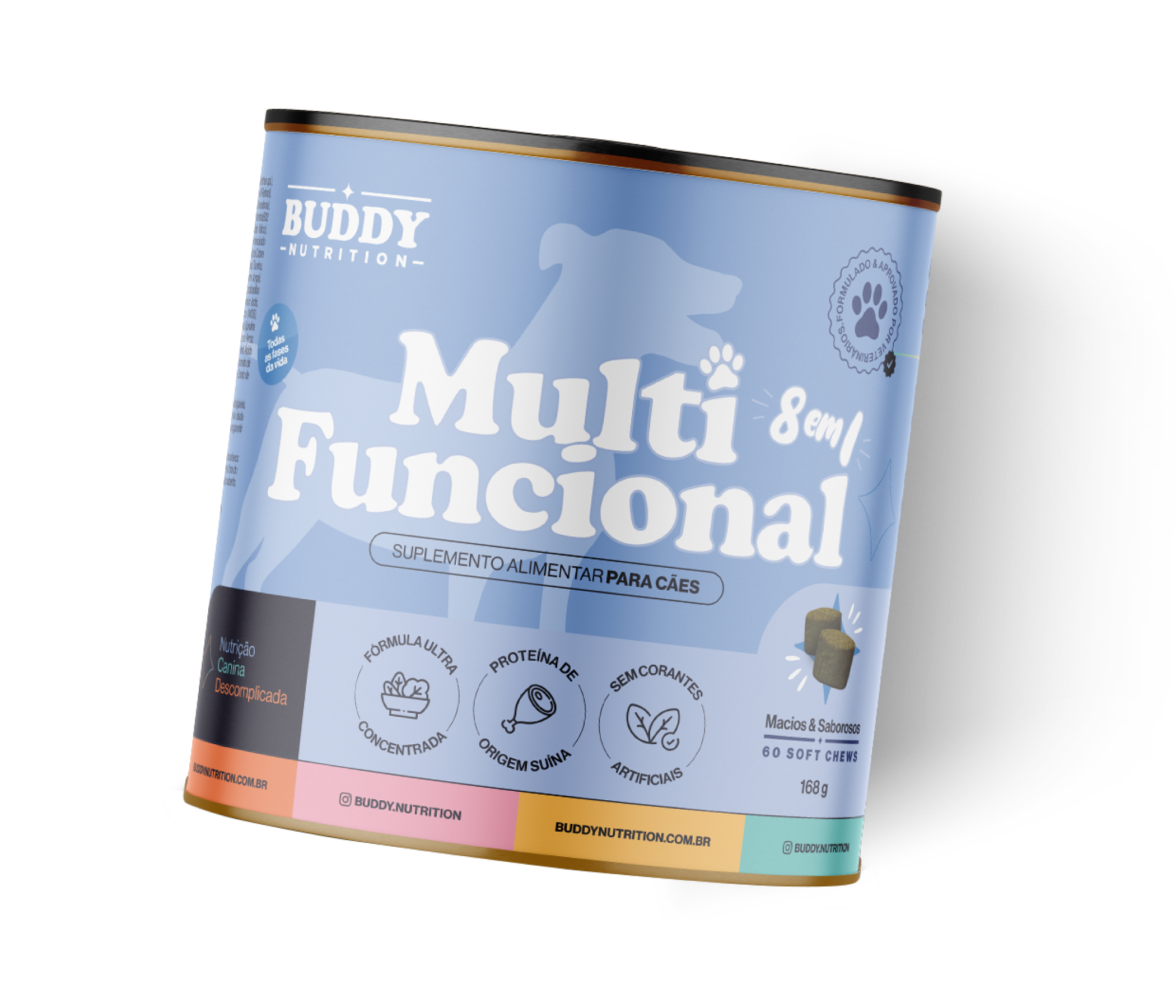 A can of Buddy Nutrition Multi Funcional 8-in-1 dog food supplement on a white background.