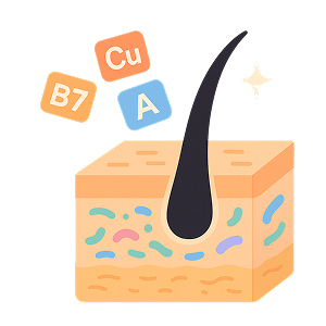 An illustration of a hair follicle in a cross-section of skin with icons for nutrients A, B7, and Cu.