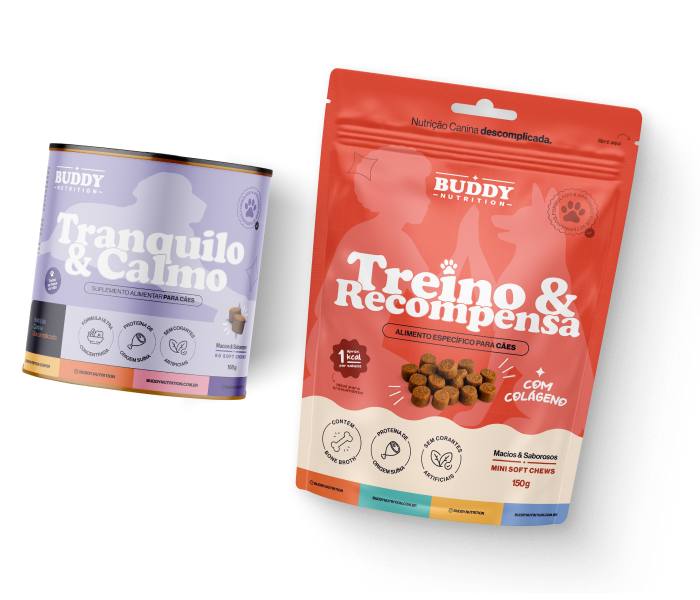 A purple can and a red pouch of Buddy Nutrition brand dog supplements on a white background.