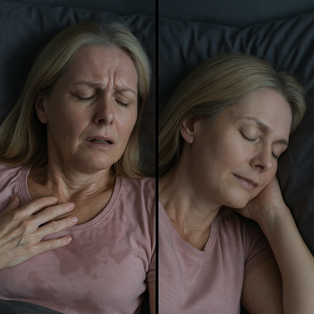 Split image of a woman in distress and then peacefully sleeping.