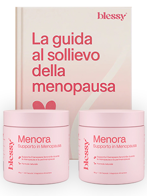Due barattoli rosa con l'etichetta "Menora" davanti a una guida sulla menopausa.