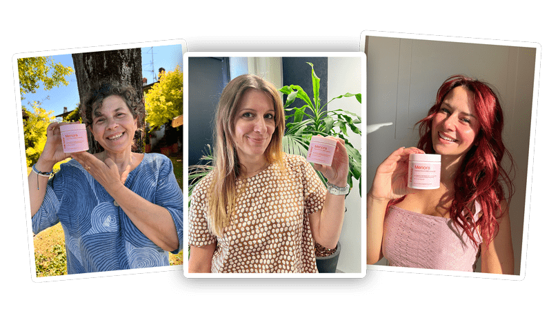Three women holding pink product containers, smiling, with different backgrounds.