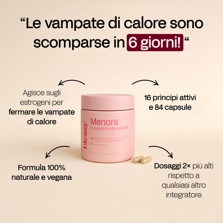 Contenitore rosa con l'etichetta "Menora Supporto in Menopausa" e testo in italiano sul supporto in menopausa.