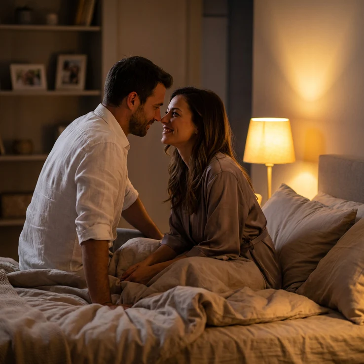 A man and a woman sit face-to-face on a bed in a warmly lit bedroom, smiling.