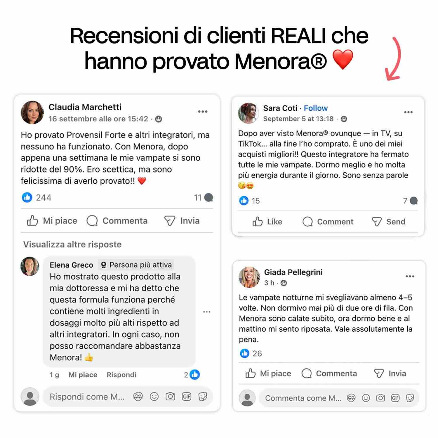 Tre post sui social media che recensiscono positivamente l'integratore Menora, con commenti e like degli utenti.