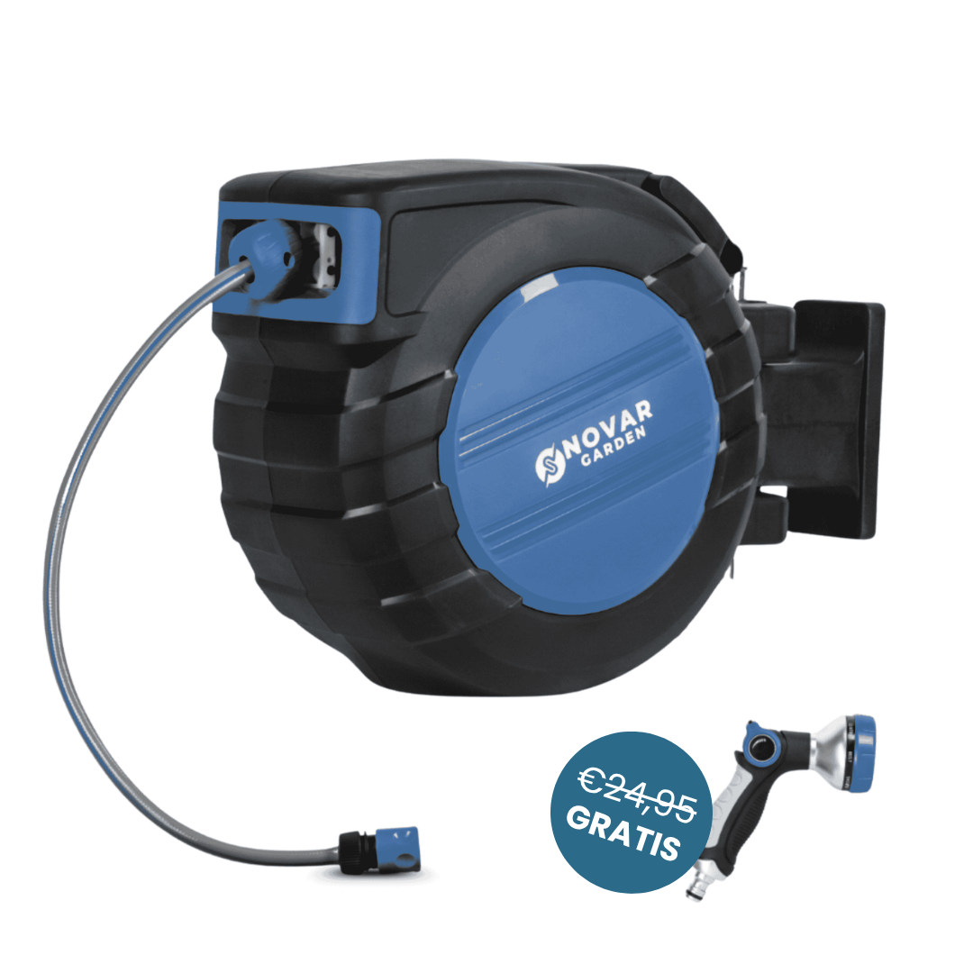 Wall-mounted retractable garden hose reel with spray nozzle attachment.