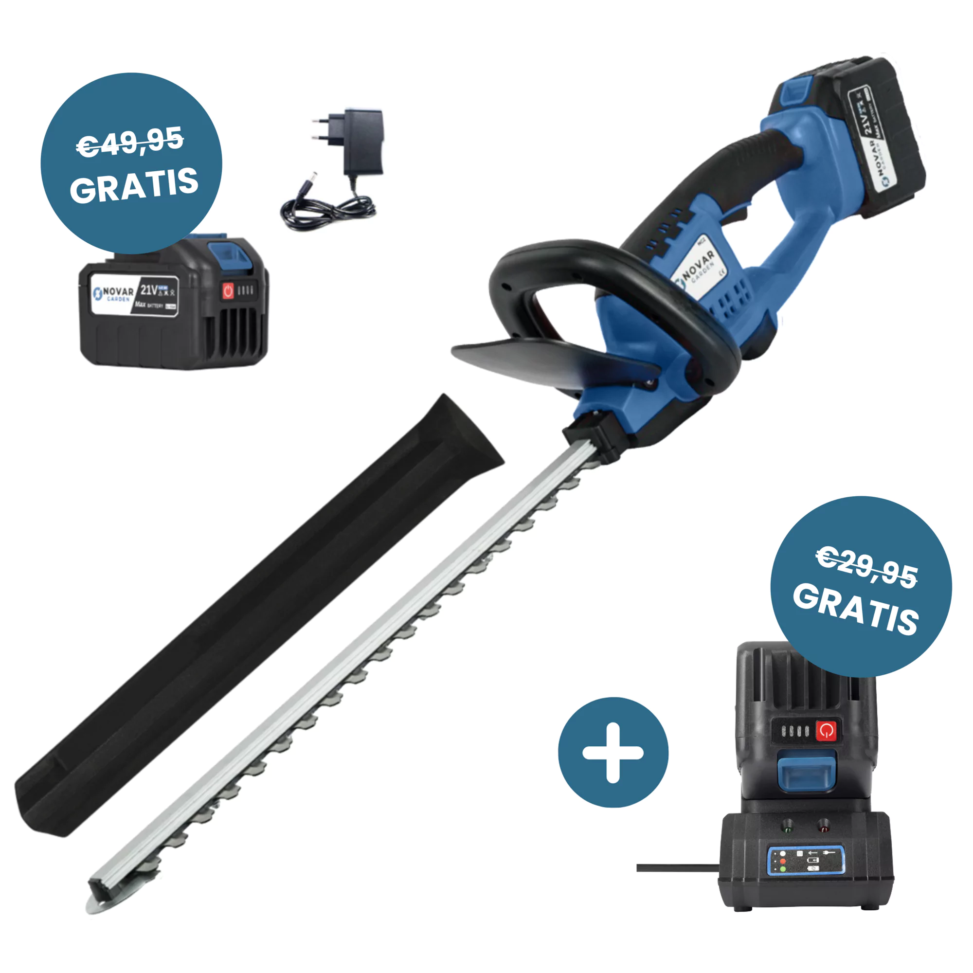 Blue cordless hedge trimmer with battery, charger, and price tags.