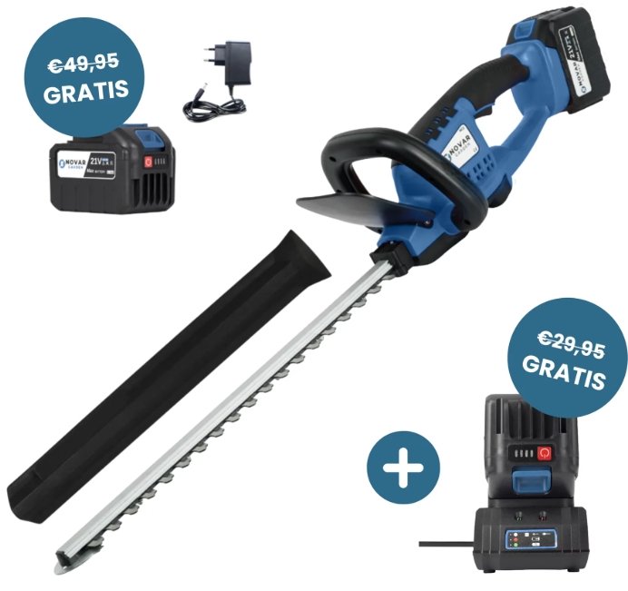 Blue electric hedge trimmer with battery and charger, labeled as free.