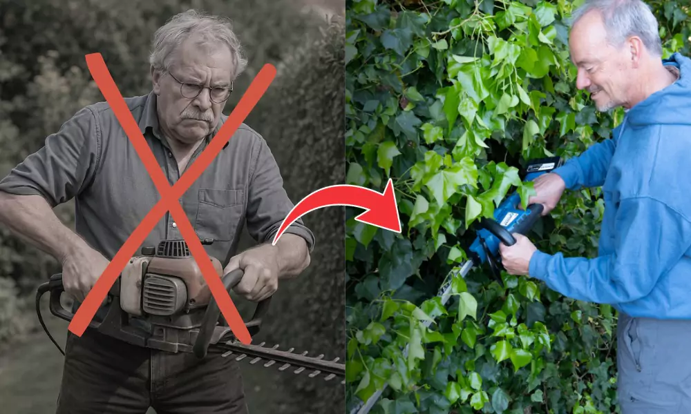 Two men using different hedge trimmers, one with a red cross, the other smiling with a modern tool.