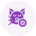 Purple circle with cat and cogwheel icon.