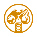 A circular orange icon of binoculars with a fox and deer in the lenses over an SD card.