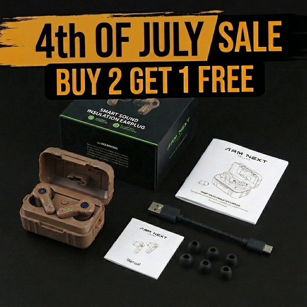 An advertisement for ARM NEXT wireless earplugs showing the product, case, accessories, and a sale offer.