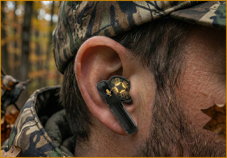 Close-up of a man wearing a camouflage cap and earbud with a microphone and circuit design.