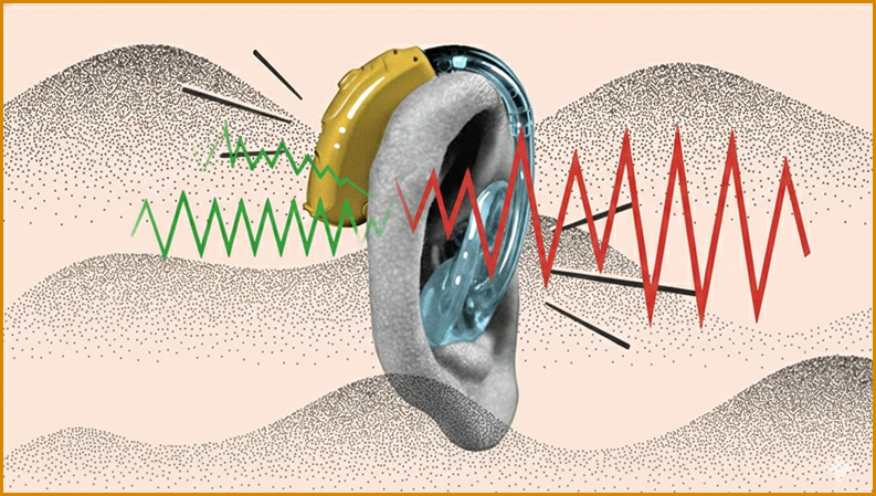 Digital illustration of an ear with sound waves and a hearing aid.