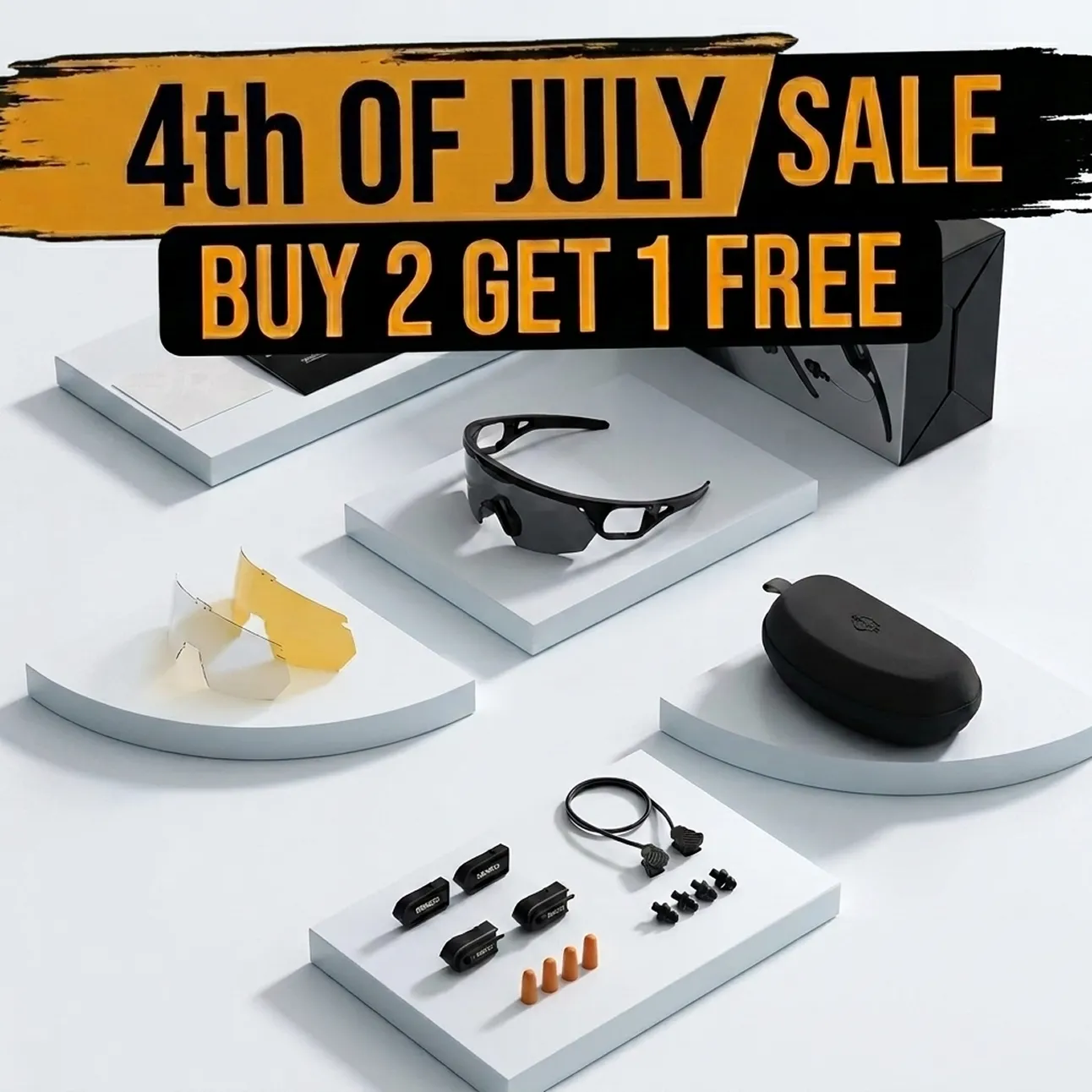 An advertisement for a 4th of July sale showing sunglasses and accessories on white platforms.