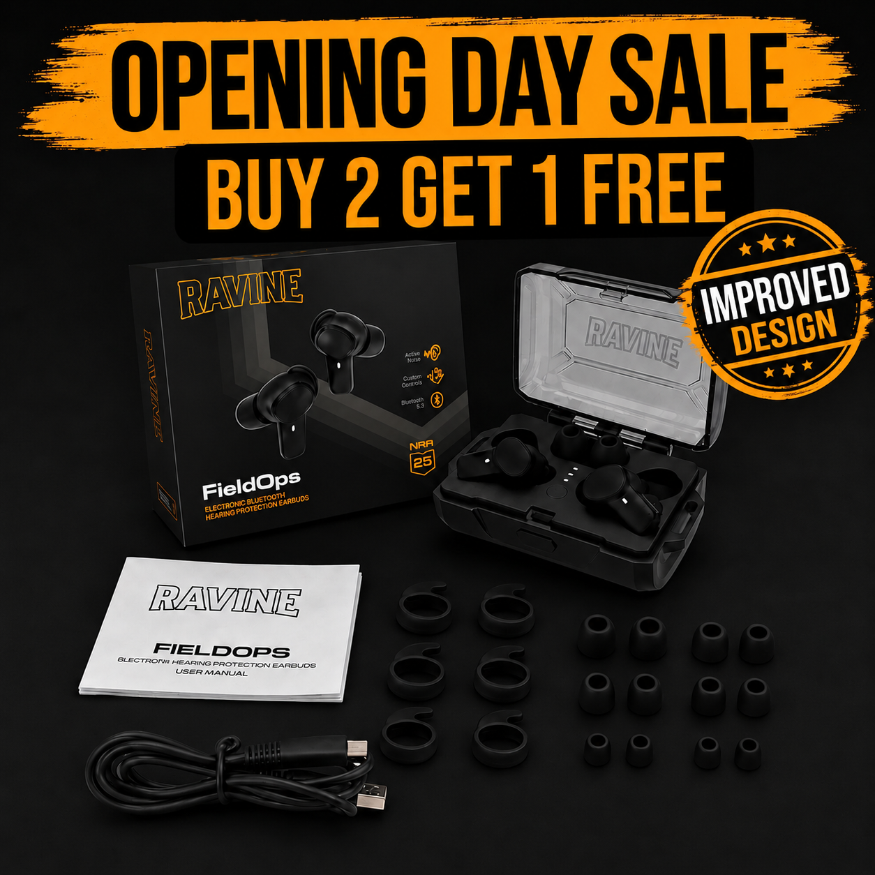 Ravine FieldOps earbuds displayed with their box, charging case, manual, cable, and assorted replacement tips.