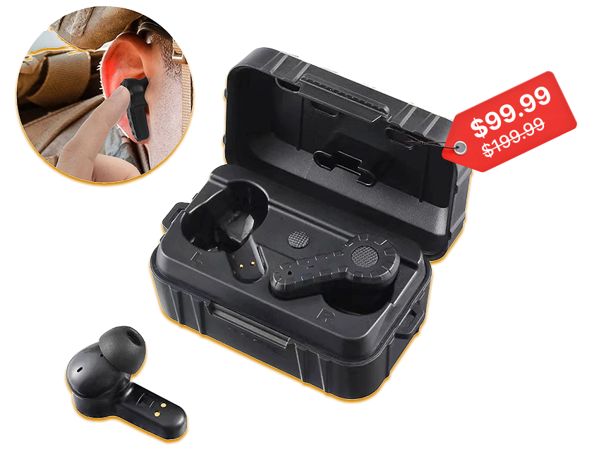 Black wireless earbuds with case and a discount tag displayed.