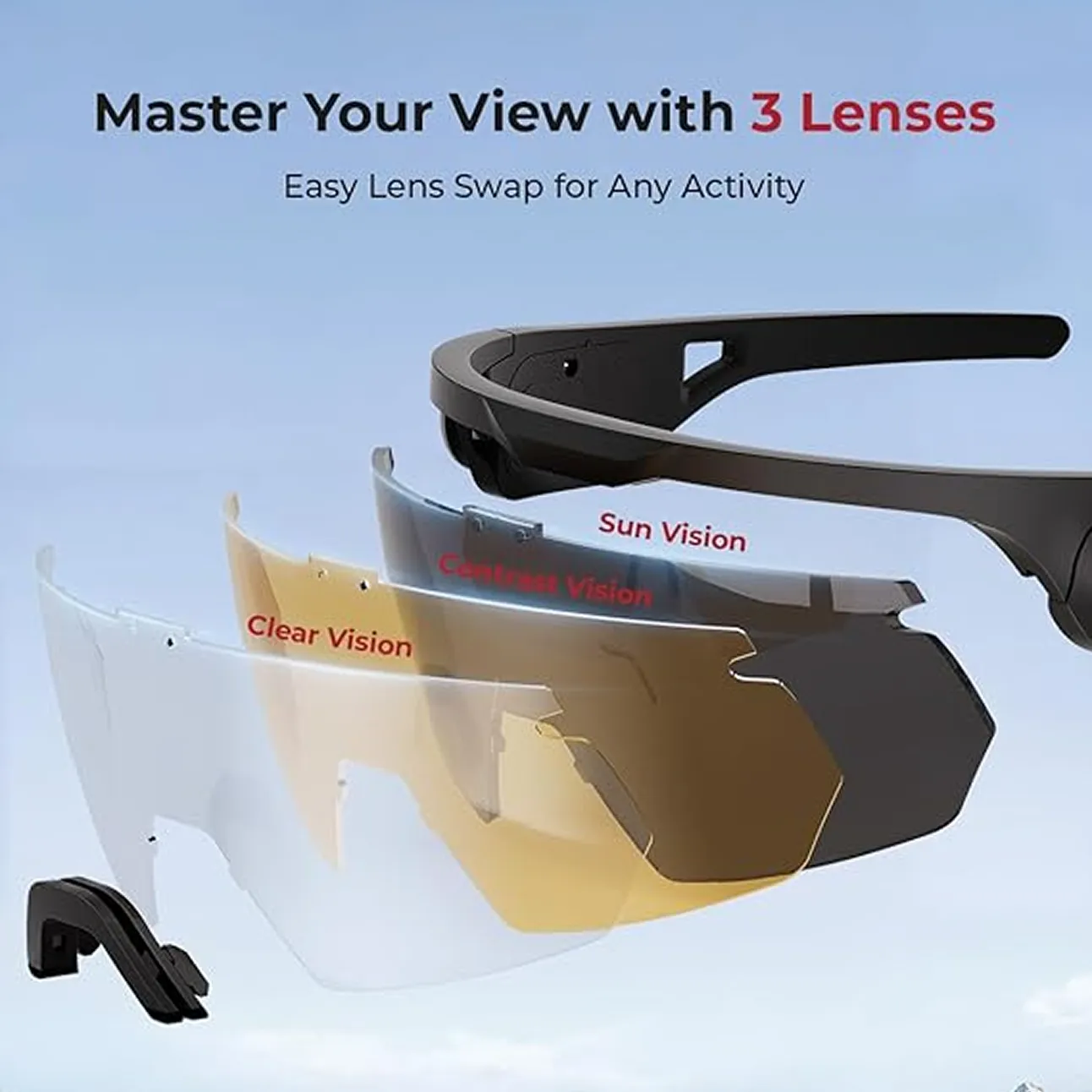 An exploded view of sports sunglasses showing the frame and three different interchangeable lenses.