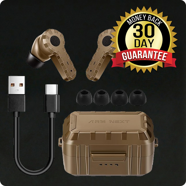 Brown earbuds with charging case, USB cable, ear tips, and 30-day guarantee badge.