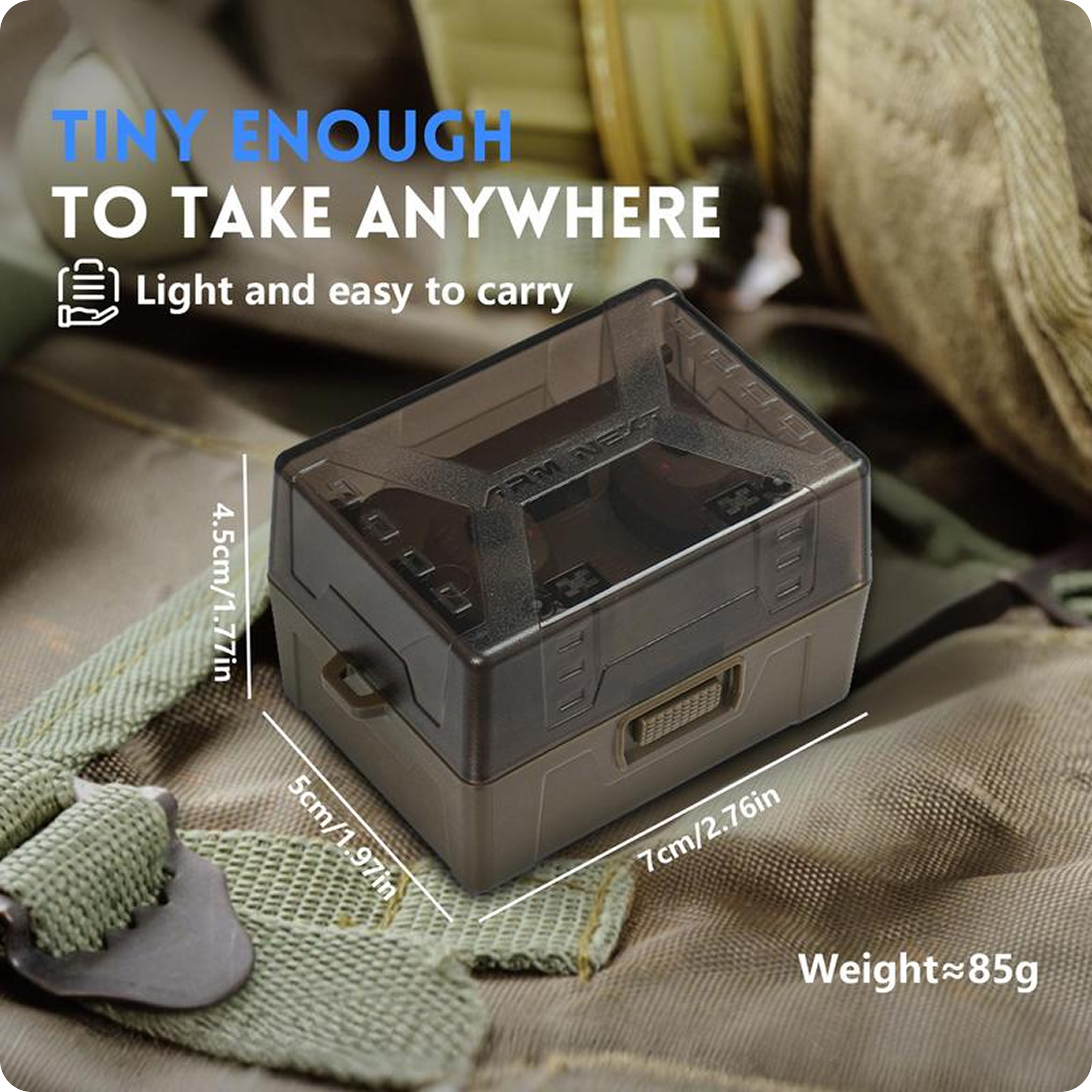 Small plastic box with dimensions and weight labeled, placed on fabric background.