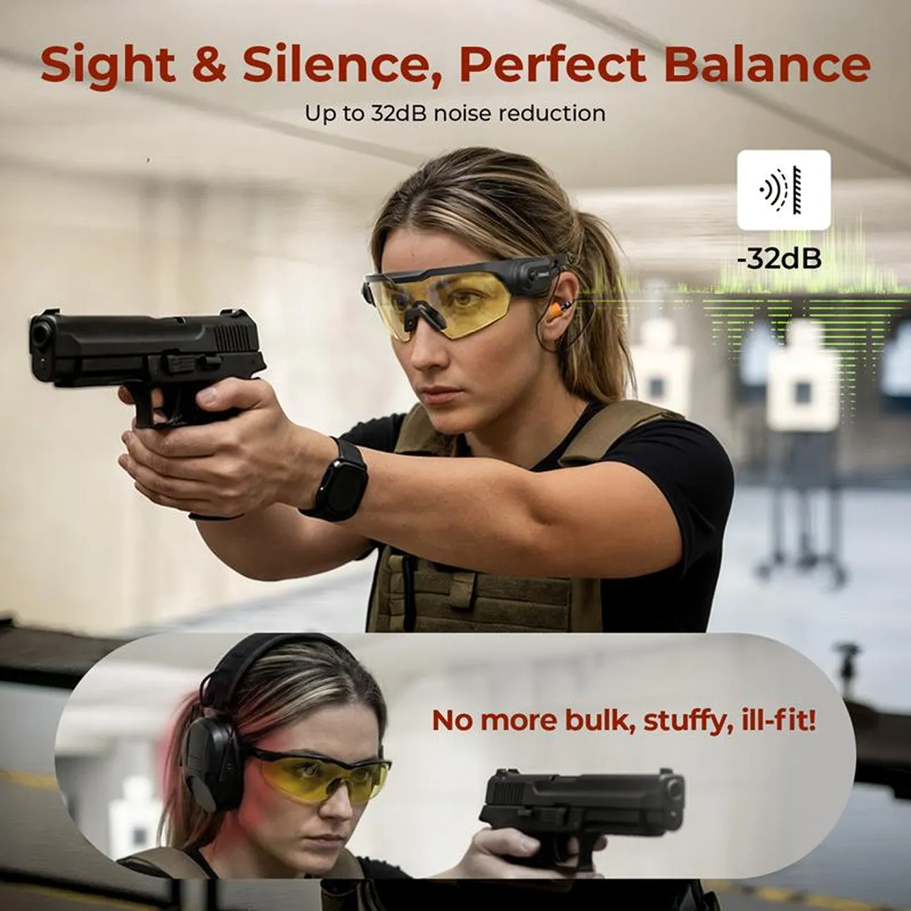 An ad comparing noise-reducing glasses with traditional earmuffs for a woman at a shooting range.