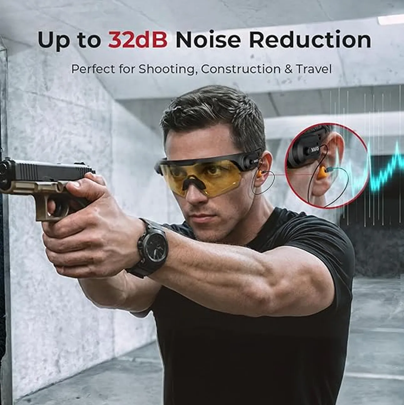 A man at a shooting range wears safety glasses and noise-reducing earplugs while aiming a handgun.