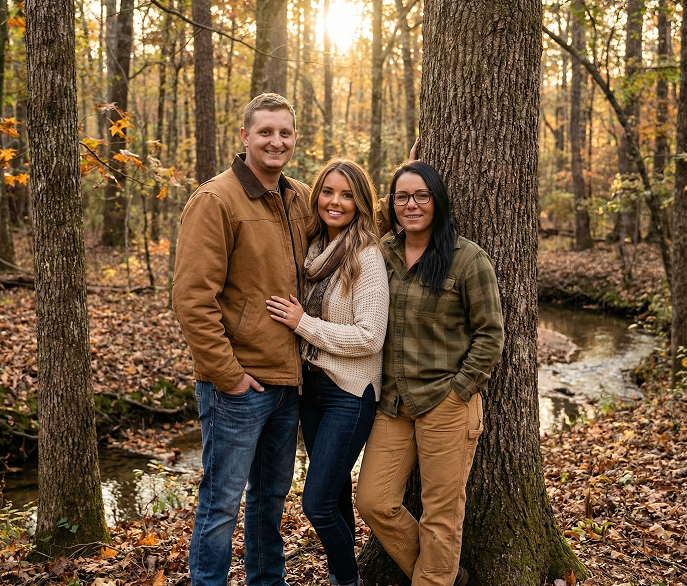 Three people standing by a tree in a forest with a stream in the background.