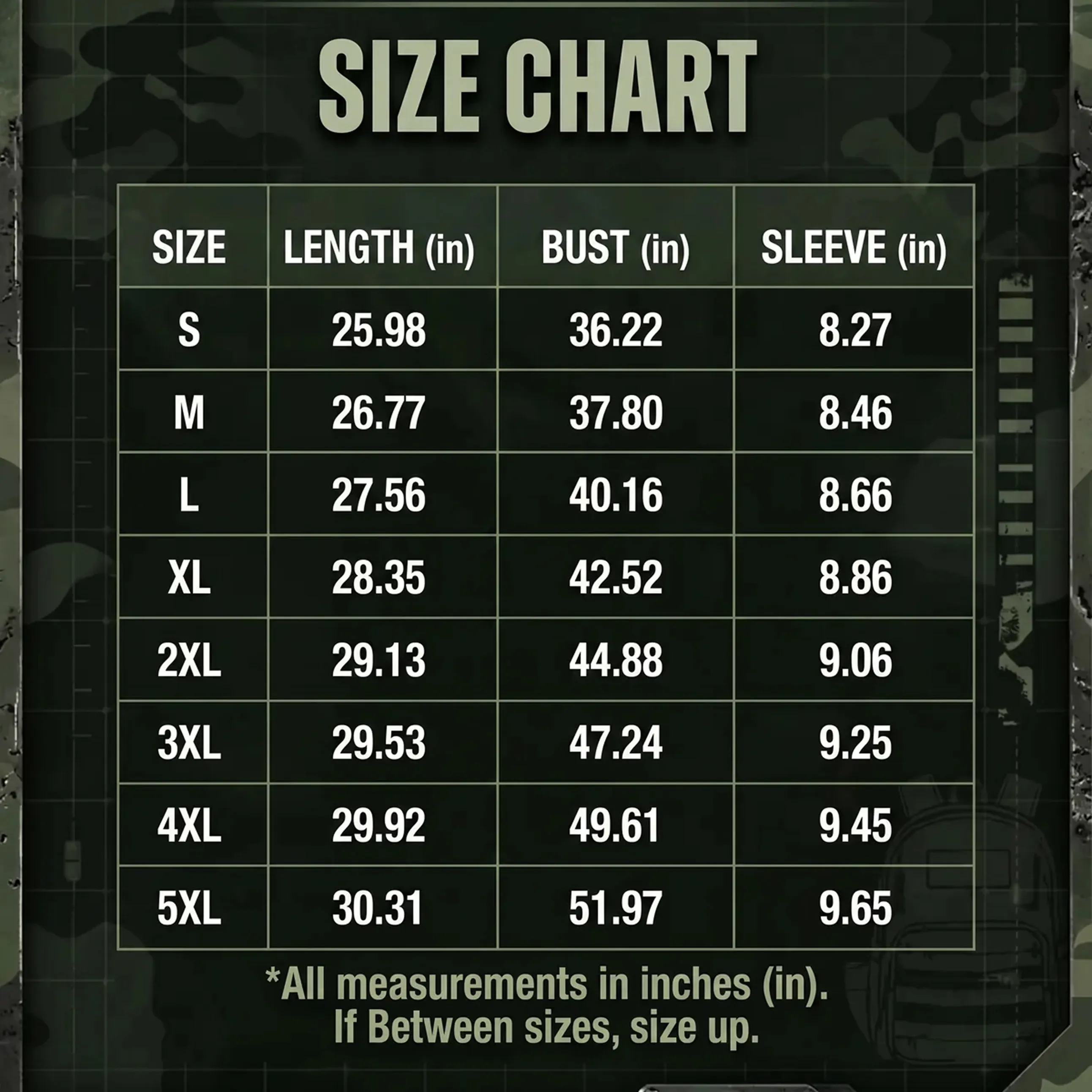 A size chart on a camouflage background showing measurements for length, bust, and sleeve in inches.