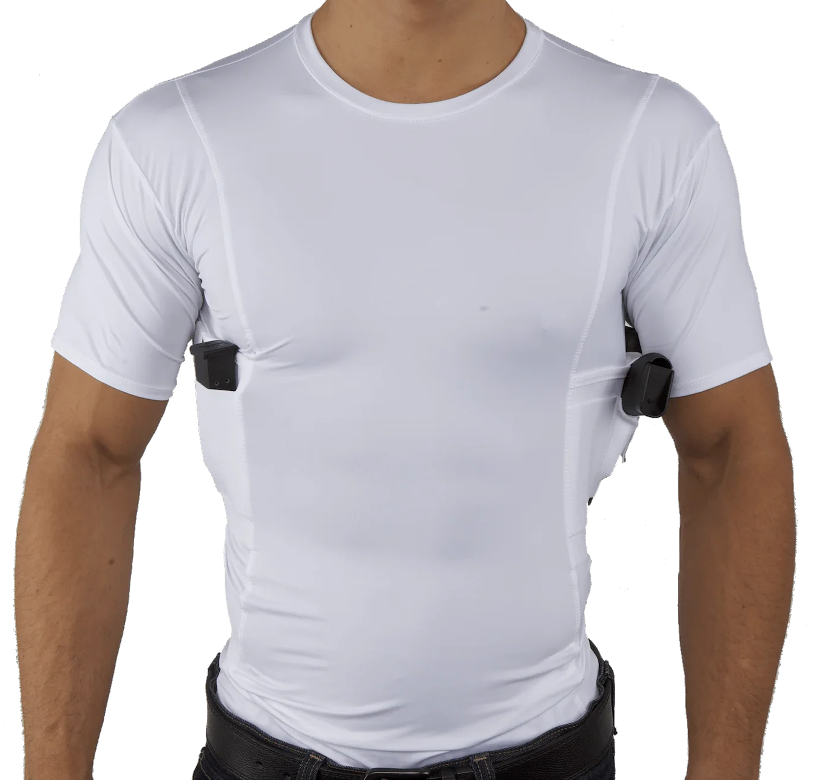 A man wearing a white, short-sleeved compression shirt with built-in underarm holsters.