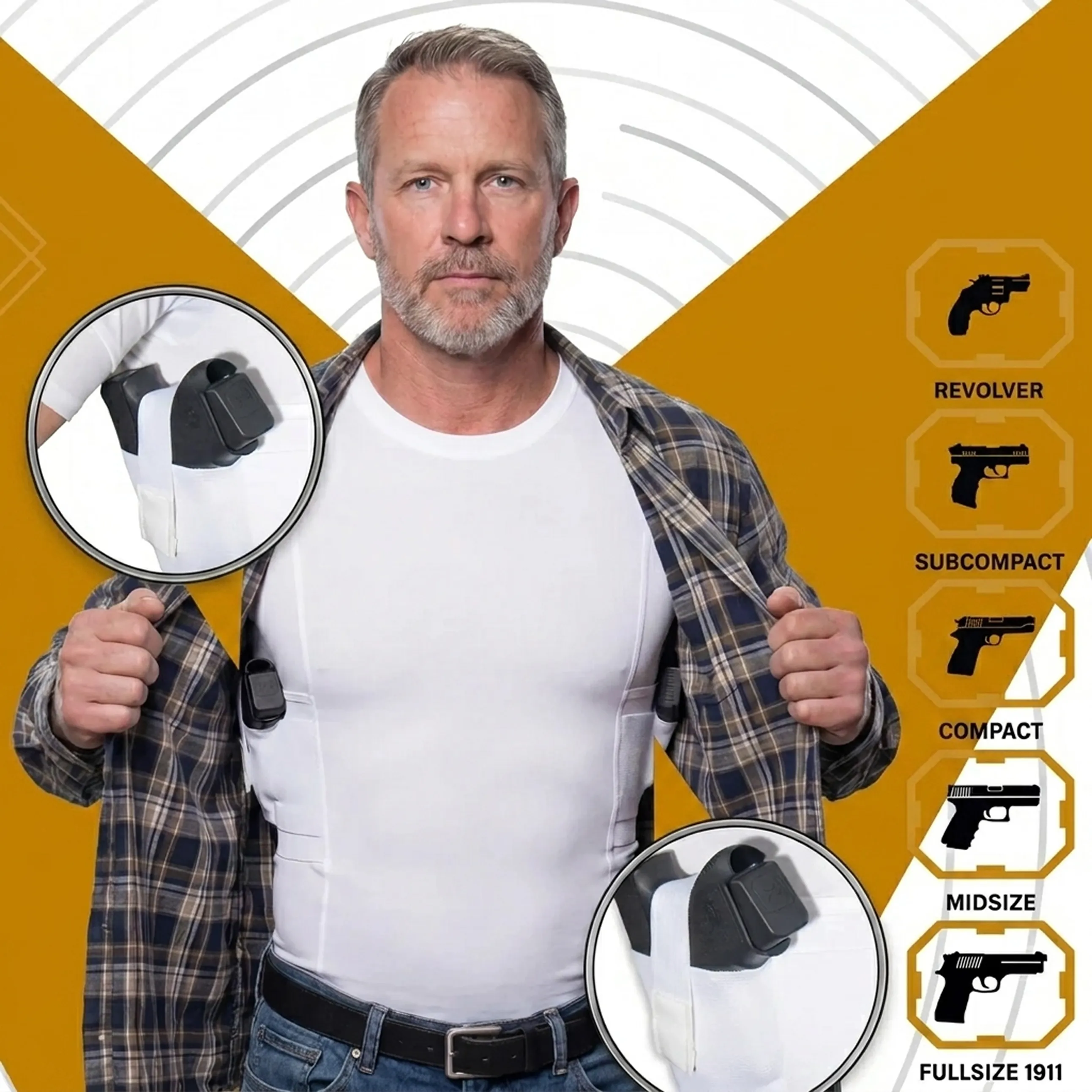 A man models a white compression shirt with built-in underarm holsters for concealed carry.